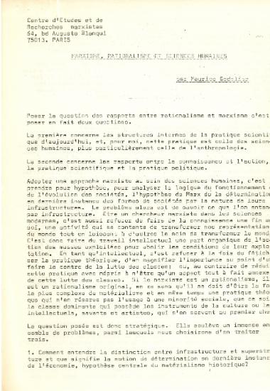 Κείμενο του Maurice Godelier για προετοιμασία συνάντησης του Κέντρου Μαρξιστικών Μελετών και Ερευνών (Παρίσι).