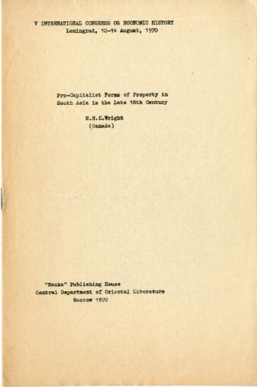 Η. R. C. Wright, Pre-Capitalist Forms of Property in South Asia in the Late 18th Century, Moscou, Nauka Publishing House, 1970.