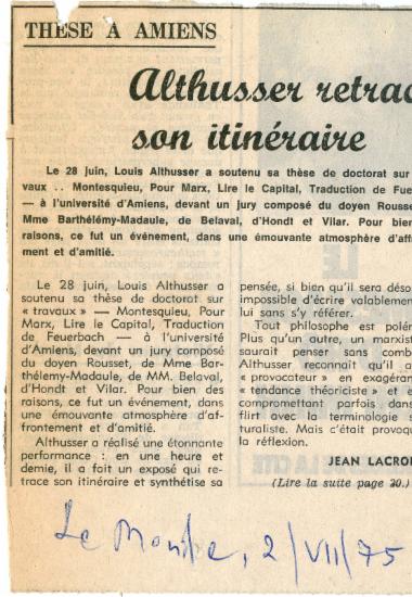 Άρθρο του Jean Lacroix στην εφημερίδα Le Monde με τίτλο Althusser retrace son itinéraire.
