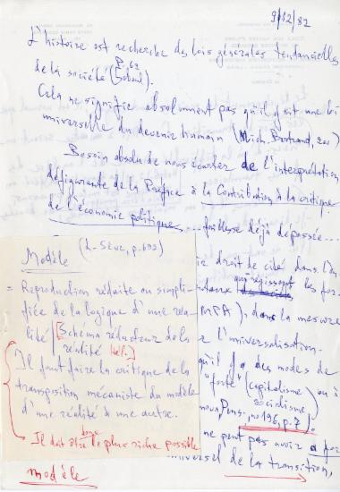 Χειρόγραφες σημειώσεις της Ελένης Αντωνιάδη Μπιμπίκου σχετικά με την ανάγκη κριτικής θεώρησης του μοντέλου μετάβασης σε έναν τρόπο παραγωγής.