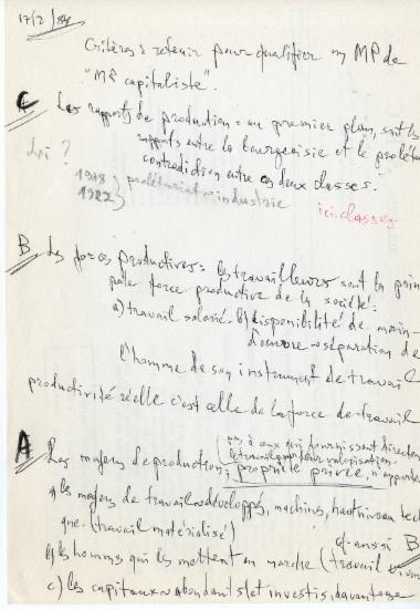 Χειρόγραφες σημειώσεις της Ελένης Αντωνιάδη Μπιμπίκου σχετικά με τα κριτήρια ταυτοποίηση του Καπιταλιστικού Τρόπου Παραγωγής.