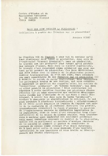 Κείμενο του Jacques Bidet με τίτλο Mais qui donc produit la plus-value (Réflexions à partir des Théories de la plus-value), στα πλαίσια σεμιναρίου του CERM (Κέντρου Μαρξιστικών Μελετών και Ερευνών).