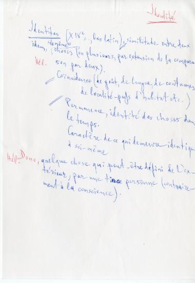 Χειρόγραφες σημειώσεις της Ελένης Αντωνιάδη Μπιμπίκου σχετικά με τον ορισμό της έννοιας της εθνικής ταυτότητας και συνείδησης.