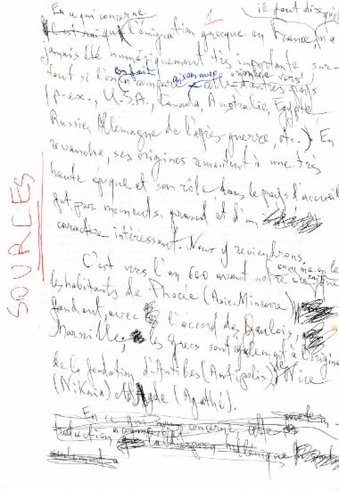 Χειρόγραφες σημειώσεις της Ελένης Αντωνιάδη Μπιμπίκου σχετικά με τις πηγές για τη μελέτη της ελληνικής διασποράς στη Γαλλία για παρουσίαση σε ημερίδα εργασίας.