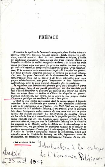 Κ. Μαρξ, Πρόλογος στο Introduction à la critique de l'Economie Politique (Συμβολή στην κριτική της πολιτικής οικονομίας), σσ. 3-6.