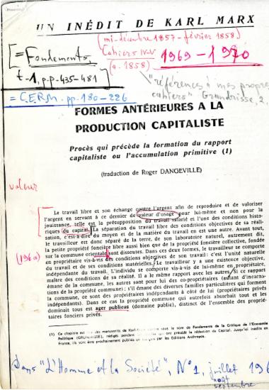 Παρουσίαση από την Ελένη Αντωνιάδη Μπιμπίκου, στα πλαίσια του σεμιναρίου της στην EHESS του άρθρου Roger Dangeville (μεταφ. ), Un inédit de Karl Marx. Formes antérieures à la production capitaliste, L'homme et la société, 1 (1966), σσ. 89-116.