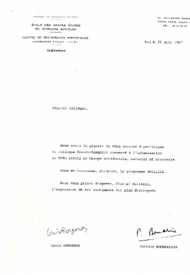 Επιστολή των Louis Bergeron και Patrice Bourdelais  προς  την Ελένη Αντωνιάδη Μπιμπίκου σχετικά με γαλλο-ουγγαρέζικο συνέδριο για την Αστικοποίηση στην Δυτική, Κεντρική και Ανατολική Ευρώπη κατά τον 19ο αιώνα (Παρίσι, 17-19 Σεπτεμβρίου 1987)