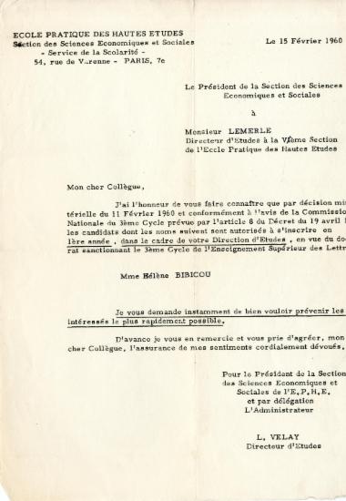 Επιστολή του Louis Velay προς τον Paul Lemerle σχετικά με την εγγραφή της Ελένης Αντωνιάδη Μπιμπίκου για προετοιμασία διδακτορικής διατριβής υπο τη διεύθυνση του.