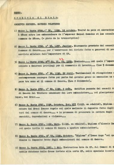 Λίστα χειρογράφων από τα Κρατικά Αρχεία της Γένοβας στα πλαίσια ερευνητικής αποστολής της Ελένης Αντωνιάδη Μπιμπίκου στην Ιταλία (22 Σεπτ.-3 Οκτ. 1957).