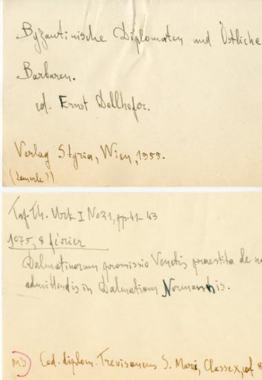 Χειρόγραφες σημειώσεις της Ελένης Αντωνιάδη Μπιμπίκου αναφορικά με τις διπλωματικές επαφές του Βυζαντίου με τη Δαλματία.