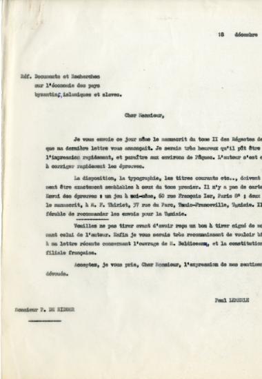 Επιστολή του Paul Lemerle προς τον εκδότη P. de Ridder του οίκου Mouton et Cie, με έδρα τη Χάγη, αναφορικά με το χειρόγραφο του 2ου τόμου του βιβλίου του Freddy Thiriet, Régestes des délibérations du Sénat de Venise [Πρακτικά των συνεδριάσεων της ενετικής γερουσίας], 4 τ, Παρίσι, Mouton, 1958-1961.