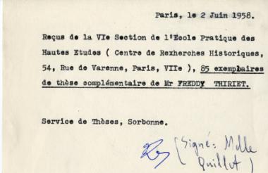 Απόδειξη παραλαβής των αντιτύπων του 2ου τόμου του βιβλίου του Freddy Thiriet, Régestes des délibérations du Sénat de Venise [Πρακτικά των συνεδριάσεων της ενετικής γερουσίας], 4 τ., Παρίσι, Mouton, 1958-1961.