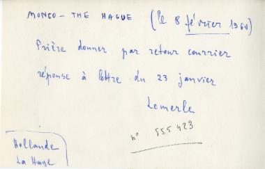 Τηλεγράφημα του Paul Lemerle προς τον εκδότη P. de Ridder του οίκου Mouton et Cie, με έδρα τη Χάγη, αναφορικά με την απουσία απάντησης στην επιστολή του με ημερομηνία 23 Ιανουαρίου 1960.