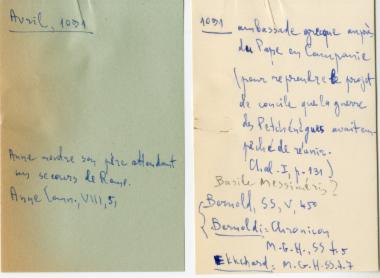 Χειρόγραφες σημειώσεις της Ελένης Αντωνιάδη Μπιμπίκου αναφορικά με τις σχέσεις του Βυζαντίου με τη Φλάνδρα στα τέλη του 11ου αιώνα.