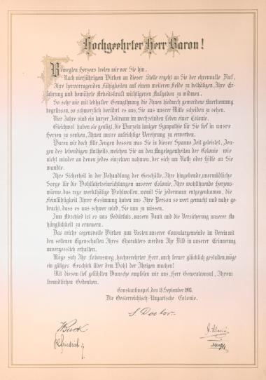 Constantinople:
Testimonial addressed to the Austro-Hungarian Consul Baron Max von Sonnleithner at Constantinople