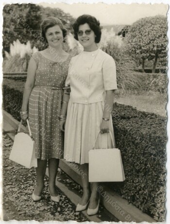 Anastasia Ketikoglou with her friend at the courtyard of Agios (Saint) Antonios church