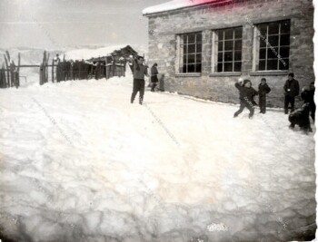 Students in the snowy yard of Sfikia's Primary School of Imathia