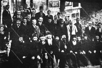 Clergy and notables of Krusovo with the metropolitan of Prespa and Ohrid Anthimos