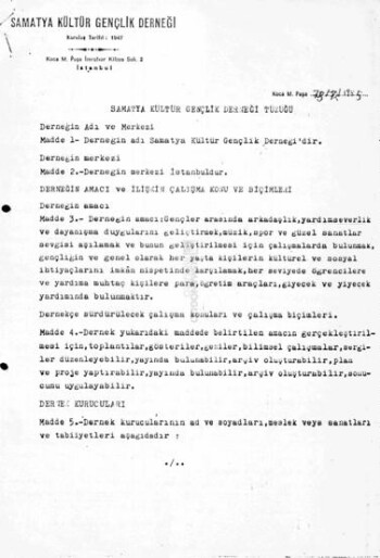 Samatya Kültür Gençlik Derneği Tüzüğü [1985]