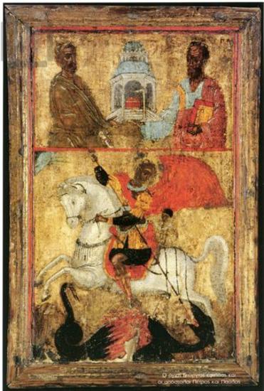 Saint George on horseback and apostles Peter and Paul, portable icon