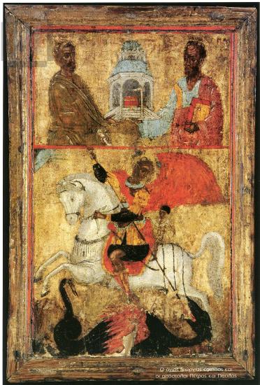 Saint George on horseback and apostles Peter and Paul, portable icon