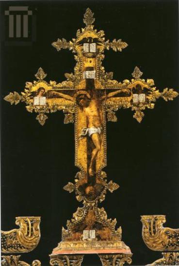 Εσταυρωμένος Χριστός και σύμβολα των Ευαγγελιστών, σταυρός από το τέμπλο του καθολικού της Ιεράς Μονής Στροφάδων