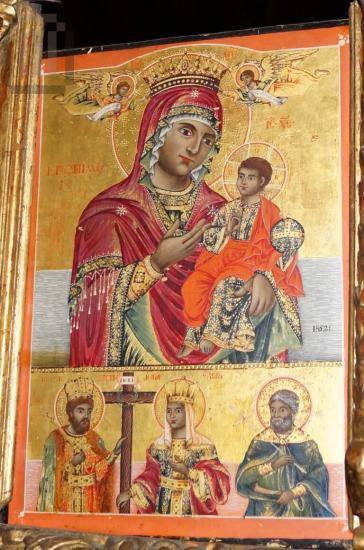 Templon beam icon with Virgin Mary Portaitissa and saints