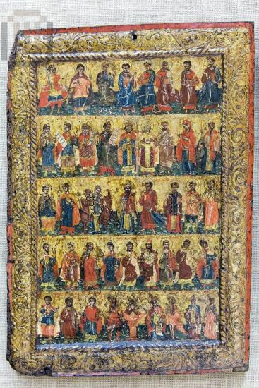 Multi-figure icon with five registers