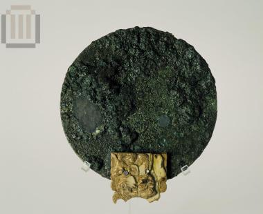 Bronze mirror with ivory relief of a couple of women