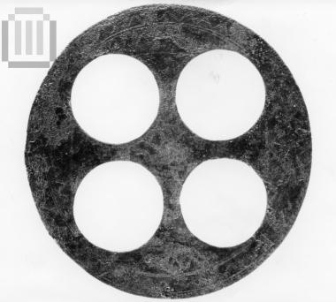 Pendant in the shape of a small wheel with four spokes, decorated with geometric patterns