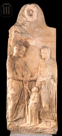 Funerary stele depicting a dexiosis scene between two bearded men