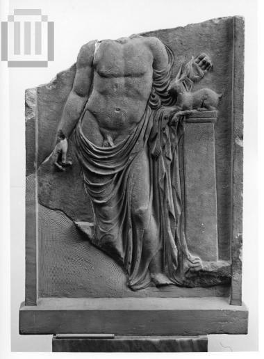 Funerary  stele of  a  nude young man with himation and  a  hare.