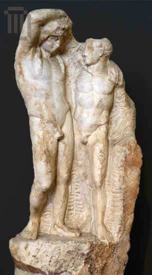 Incomplete statue group with limbs entwined, of Dionysus and Satyrus