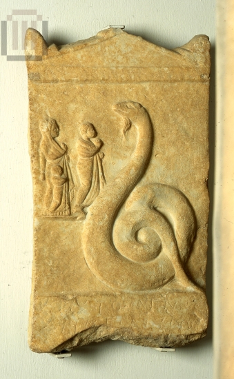 Votive  inscribed relief with Zeus Meilichius and snake.