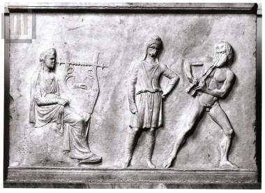 Relief plaque with a musical contest between Apollo and Marsyas