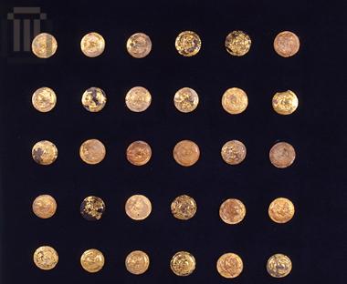 One hundred gilded terracotta buttons with Athena bust