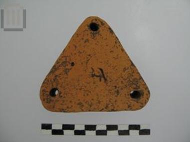 Clay inscribed triangular loom weight