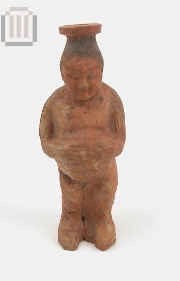 Clay plastic vase in the form of a male dwarf with projecting abdomen