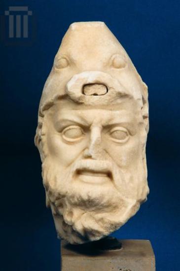 Marble bearded male head with helmet (sculptural decoration)