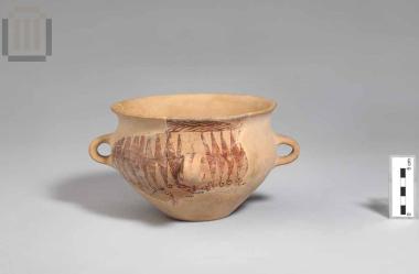 Clay basin-shaped vessel with four handles