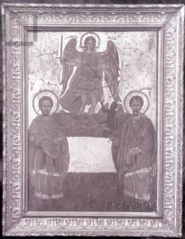 Φορητή εικόνα: Ψυχοστασία και άγιοι Κοσμάς και Δαμιανός