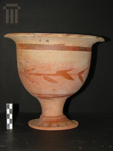 Clay kalathos shaped vase with stem, of a Northern Greek workshop