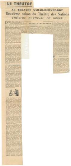 Deuxième saison du Théâtre des Nations. Théâtre National de Grèce au Théâtre Sarah Bernhardt