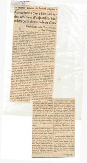 La seconde semaine du Festival d'Épidaure. Aristophane s'avère être l'auteur des Athéniens d'aujourd'hui tout autant qu'il fut celui de leurs aieux. Parallélisme entre 