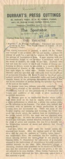 Hamlet by William Shakespeare, translated into modern greek by B. Rota. The Royal Theatre of Greece at His Majesty's Theatre