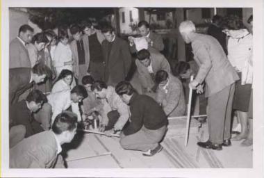 Alekos Galanos and Theodoros Litsas giving a seminar on setting a theater stage at the AFS students, 2