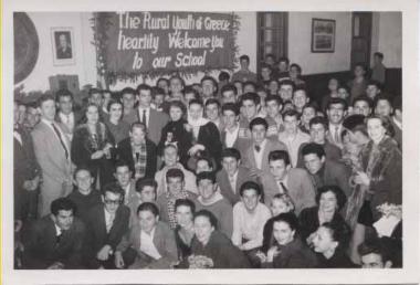 Students of the Rural Youth of Greece welcoming Alekos Galanos