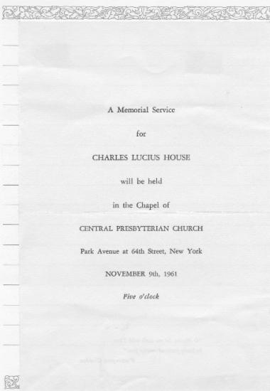 Scrapbook memorial service announcement for Charles Lucius House, 6 (2 copies)