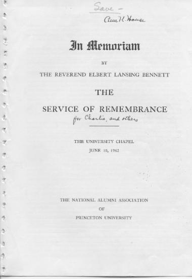 Scrapbook memorial service of rememberance of Princeton University (p. 2) for Charles Lucius House, 22 , June 10, 1962