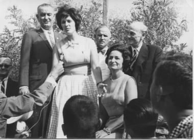 U.S. V.P. Johnson, his wife Lady Bird and daughter talking to the press, Bruce Lansdale and Greek V.P. Panayiotis Kanelopoulos behind them, 1963
